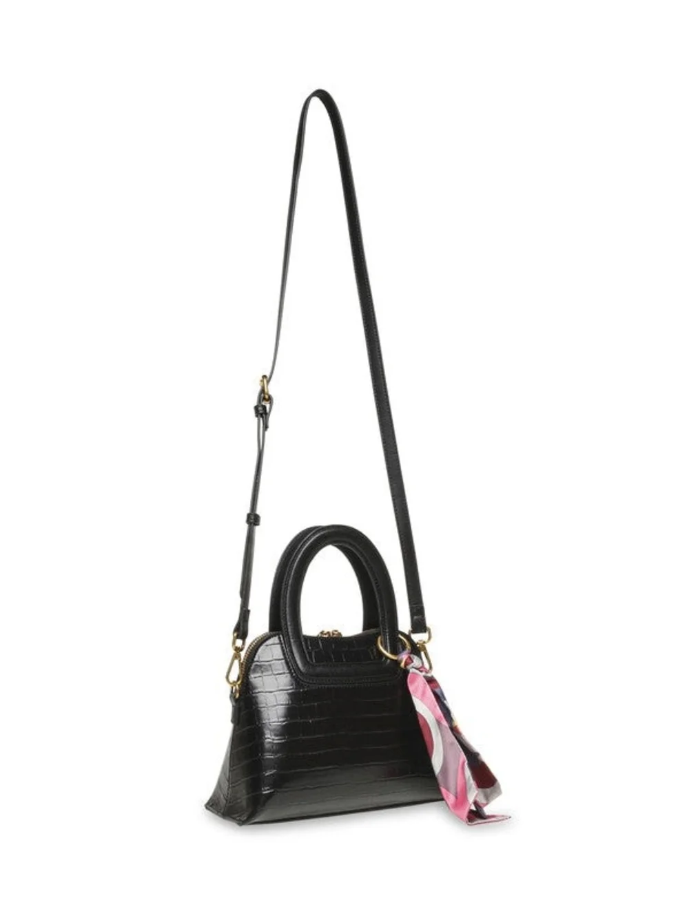 Steve Madden Black Croc-Embossed Top-Handle Satchel with Pink Multi-Color Scarf